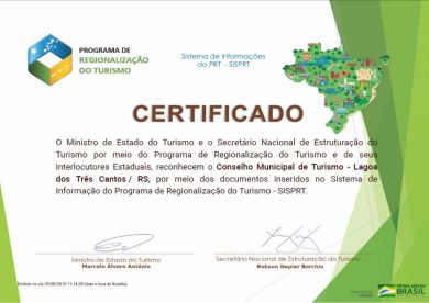 Lagoa dos Três Cantos recebe certificados do Ministério do Turismo.